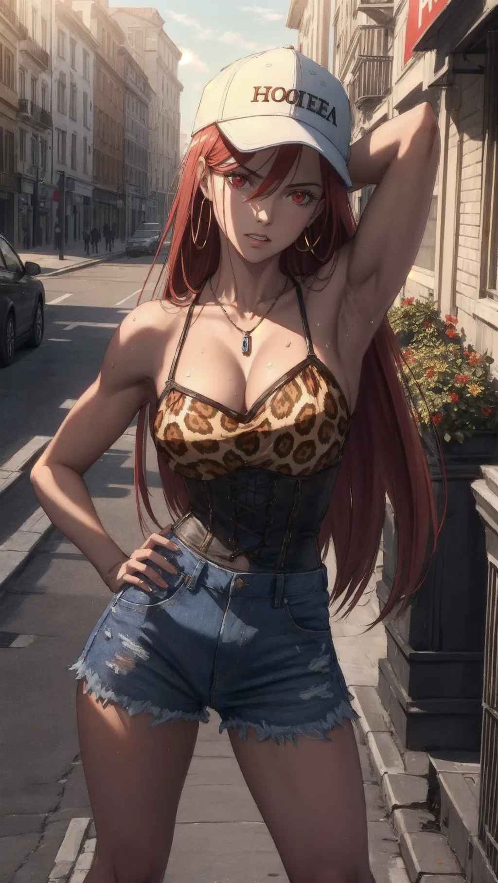 (Best quality, hyperrealistic semi-real), high-angle portrait of (woman on streets with sporty style and hand-on-hip) with harsh sunlight, (straight long red-hair with (fringe hair-between-eyes)), (leopard-print spaghetti strap top), jewellery and necklace, denim-skirt, (white-snapback-cap), arm behind head,
(correct anatomy of a toned and muscular woman and thick-legs), (cute face and red eyes turning to look at viewer with cocky arrogant expression:1.08), beautiful thin lips (frowning annoyed showing teeth),
Hyperrealistic skin glistening with sweat, (Harsh outdoor sunlight in busy streets, rich with color and contrast), dominating and powerful pose,
soft focus, sharp and clear image, (physically based ray-tracing, photon mapping:1.15), <lora:dpmg_add_detail:0.25>, (high resolution masterpiece), corset