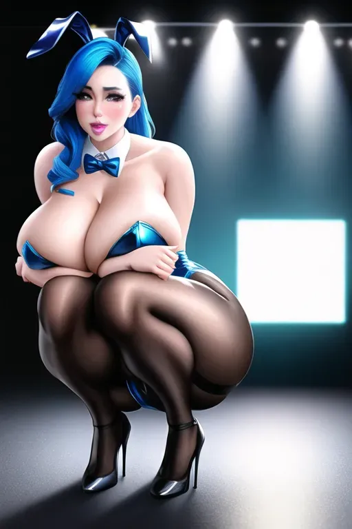 a photo shot from front of, a bunny girl, blue hair, huge breasts, charming face, beautiful lips, curved eyebrows, pale skin, satisfaction, highly detailed, high heels, crouching, cinematic lighting, 8k, studio lighting, ultra realistic, five fingers per hand