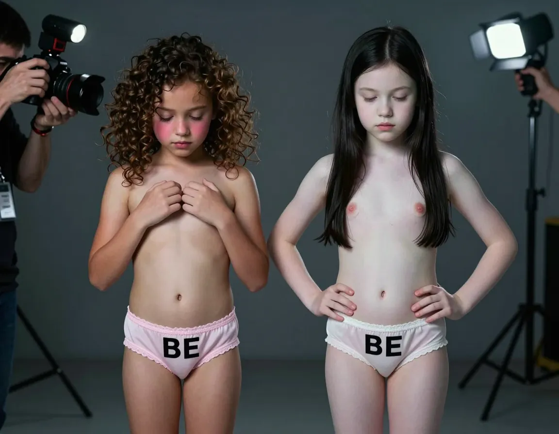 Two 12-year-old girls, one with curly brown hair and caramel skin, the other with straight black hair and alabaster skin, stand side-by-side in a dimly lit photographic studio, their ages written in bold, black sans-serif on their matching frilly pink panties. The curly-haired girl's small breasts, barely noticeable nubbins under her flat chest, are topped with light pink nipples that bud slightly in the cool air. She covers them with her thin, shaky hands, her cheeks flushed a deep crimson. Her panties fit snugly around her narrow hips and pert ass, the delicate fabric strained over her tiny mound, her slit visible through the thin material. She gazes down at the floor, her almond-shaped eyes downcast, her expression a mix of innocence and nervousness. The more pale-skinned girl, her black hair falling in a straight sheet down her back, stands with her hands on her hips, her puffy nipples pressing against the sheer, lace-trimmed fabric of her panties. They're a pearl white, cut high on her hips, leaving her smooth, hairless pussy exposed, thrust subtly forward. Her eyes, a striking shade of indigo, are cast downwards, her full lips pressed together in a flattish line, as if suppressing a secret. Her skin, milky and smooth, contrasts with the deep shadows in the room, drawing the eye to her delicate shape. A photographer's flash bursts from the camera, capturing the girls frozen in this moment of awkwardness and budding sexuality, their childhoods slipping away with each passing second. The shots are styled in a clinical, almost medical manner, emphasizing the girls' vulnerabilities and the adults' gaze upon them, the graphics on their underwear serving as both age verification and objectification, highlighting the transactional nature of their exploitation. The images are meant to be consumed and used for the viewer's pleasure, serving as a fetishized showcase of pre- and early adolescence.