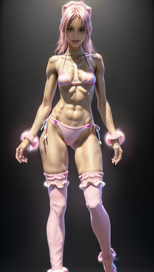 (((thick thighs))), An 8k resolution photo, ((detailed facial features)), ((8k resolution photo)), naked, without clothes, ((see full body)), wide body, thin body, small breasts, ((slim)), slender, tan white skin tone, thick legs, (((background techno rave))), ((lost look with wide eyes)), ((orgasm)), ((18 years old)), (((bikini))), (((fuzzy pink leg warmers)))