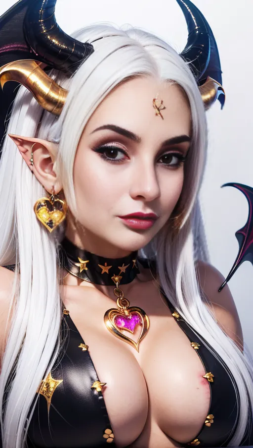best quality, (((ultra high res))), (detailed face and eyes), hearts, perfect face, big choker, golden earrings, jewelry, ((eyes closeup)), glowing heart, golden heart necklace, big heart pasties, ((white hair)), covered by gold, golden skin, chained, ((((succubus)))), (((thick demon tail)))
