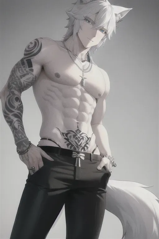 men, white, wolf tail, wolf hears, tattoo, necklaces, blue eyes, piercing