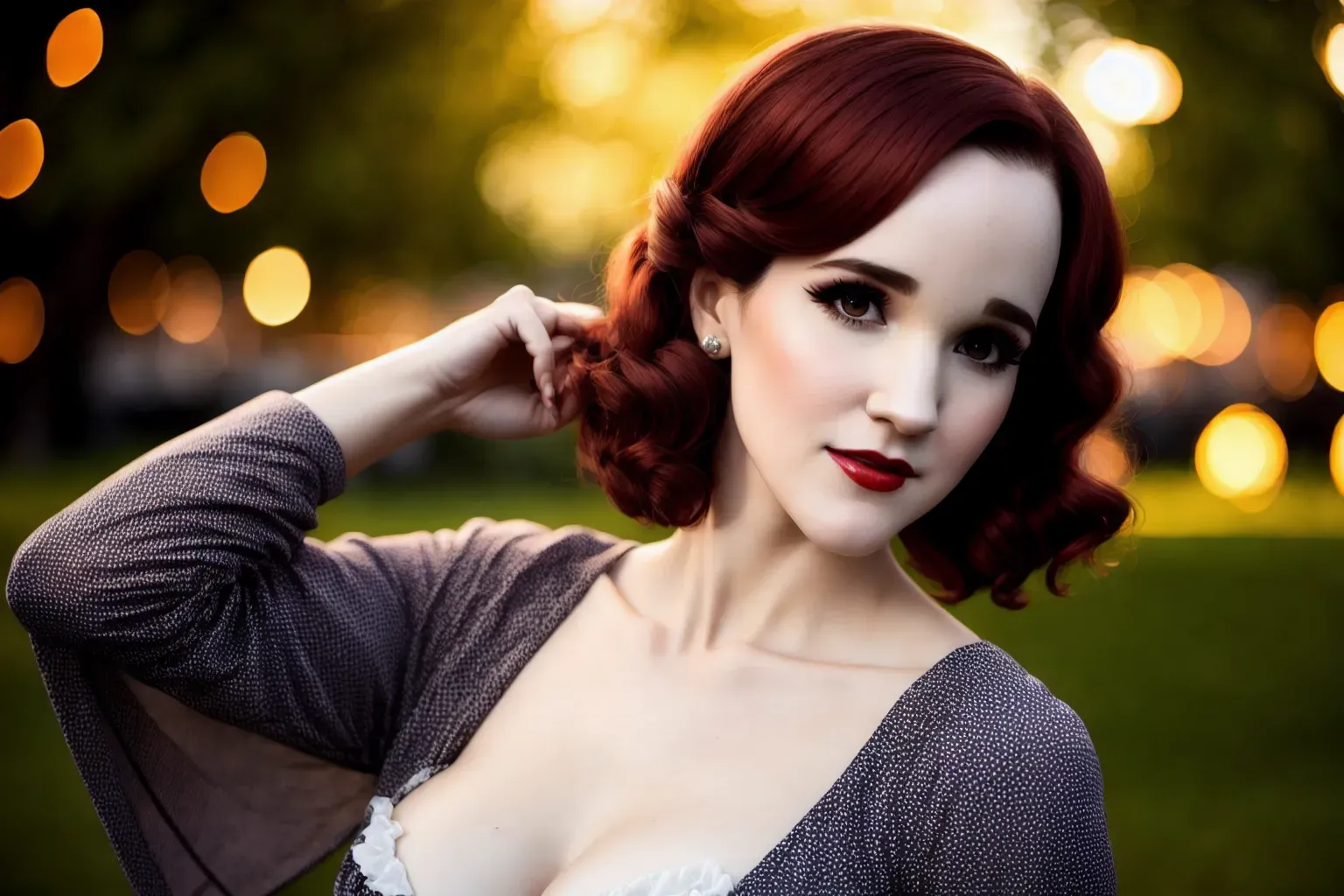 a concept art wide shot of (pinup photoshoot), (Rachel Brosnahan)( completely accurate face), (flirtatious mischievous aroused malicious expression), full body, in a city park at midnight, (slutty Wiccan girl)(pale skin),(skinny slender athletic physique), (very tiny perky breasts), five slender fingers,beautiful face,beautiful lips,detailed large eyes,curved eyebrows,cgsociety,natural lighting,studio lighting,professional,editorial, (oily skin glistening)(bokeh)