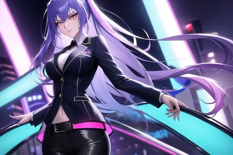 Digital art, 18 year old, an anime girl, young, slim, medium breasts, blazer, navy, night club, night, neon lights, serious, dancer, 8k, professional