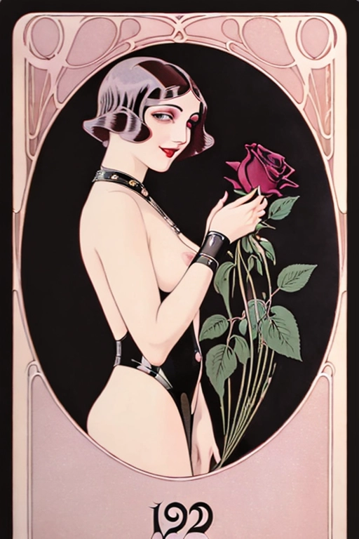 ((((Erotic art Art nouveau 1920s futuristic full color lithograph illustration)))), ((full color)), extreme closeup pov lower lip, sniffing a black rose, gorgeous young nude redhead woman, completely naked, beautiful face, (sexually aroused smile), ((alluring smile)), (((seductive expression))),((((flirting)))), beautiful eyes, ((((looking at me)))),(((looking into my eyes))),((looking at viewer)), in a rose garden full of black roses,