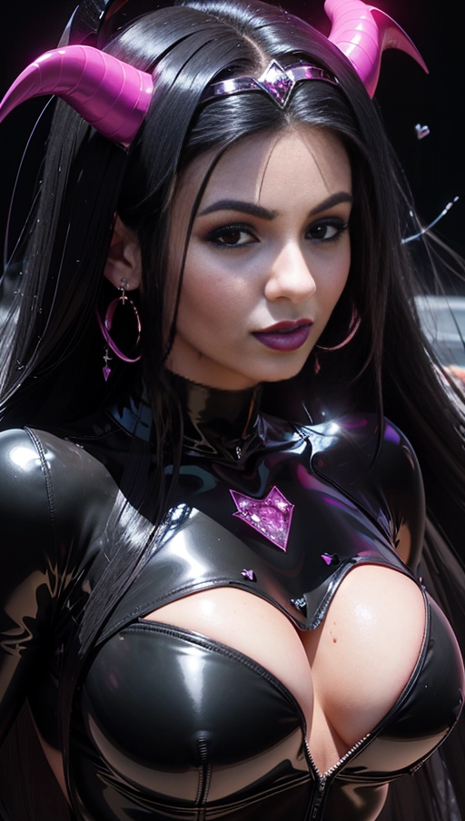 best quality, (((ultra high res))), (((detailed face and eyes))), ((perfect face)), (big shining heart choker), earrings, jewelry, (conjuring), witch, ((very long voluminous hair)), ((((black hair)))), ((((black skintight neckholder)))), ((((pink lipstick)))), ((black long sleeves)), ((glowing heart)), (((demon mark))), ((((straight hair)))), (((Kylie Jenner))), (((((very very long black hair))))), (((perfect face and eyes))), (((straight hair))), (black latex suit), ((succubus)), hearts, dark background, (((face closeup))), (((diamond diadem))), (black demon horns)
