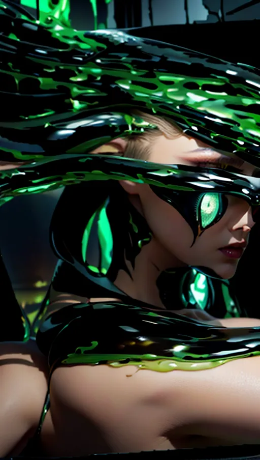 best quality, (((ultra high res))), (detailed face and eyes), female symbiote transformation, (((symbiote goo everywhere))), (black goo), symbiote girl, glowing, snake coiling, snake, huge tits, black hair