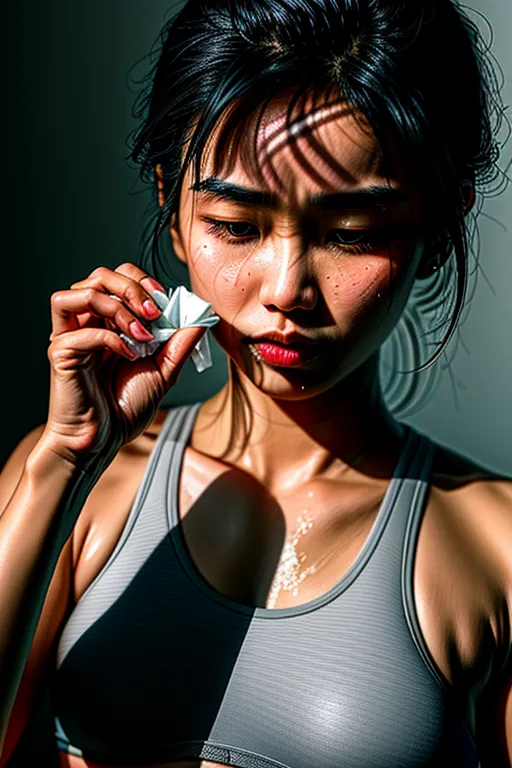 best quality, 8k, masterpiece, high resolution, photorealistic, extremely detailed, editorial photograph, closeup, 30 year old Thai woman blowing her nose into the tissue she is holding in both hands whilst sick with a flu, red nostrils, dripping runny nose, sweaty, feverish, wearing a heather grey sports bra, <lora:dpmg_add_detail:1.1>, four slender fingers per hand