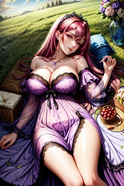 Beautiful countess, proud, haughty, gorgeous milf, laying on a cloth, with a picnic, in a field of grass, wearing mauve and blue satin ruffle nightdress with lace and high slit, shoulder lenght hair, jewellery , view from knee to head , a low angle and a wide frame, looking at us intensely, looking at us with a bright light, <lora:dpmg_add_detail:1>,