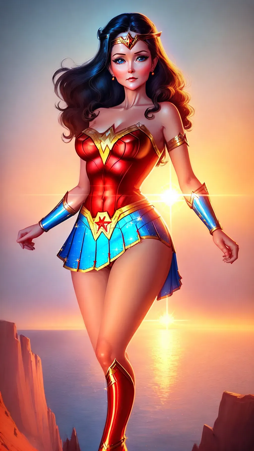 Wonder Woman illustrated as Lynda Carter concept art, she is innocent and cute, soft chin, detailed wonder woman red and gold costume with realistic fabrics, blue skirt, red high heels, intricate fingers, sparkling blue eyes. detailed thighs, realistic feet, slender elegant legs, princess tiara on forehead
the setting is a photorealistic orange sunrise and she is standing on a cliff