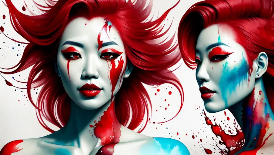 A half body portrait of an asian woman made of blood, half body is submerged in blood, red hair depicting a waterfall, drops of water on the face and body, tears of blood, concept art inspired by Alberto Seveso, abstract artstyle, intricate, watercolor explosion painting, digital painting, 2d render, 8k, trending on artstation