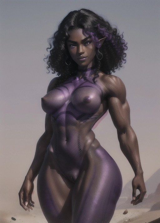 ((nsfw), (masterpiece), absurdres, smooth, soft lines, soft edges, perfect edges, (soft lighting), (soft glow), perfect anatomy, detailed background, hair with great details, perfect eyes, perfect face, ((serious expression)), rounded face,
lip gloss, smiling, ((flushed cheeks)), erotic, full body view, dark elf barbarian,
((black hair)), ((thick curly hair)), ((purple skin)), ((((dark purple skin color)))), armpit hair, ((completely nude)), pubic hair, ((tall stature)), ((small breasts)), athletic body, ((extremely thick arms)), ((muscular arms)), ((thick thighs)),