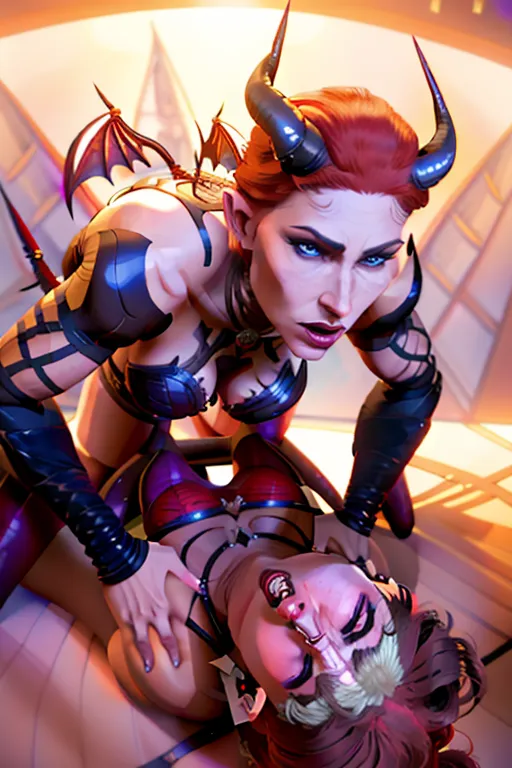 sweet innocent beautiful Nordic auburn haired Queen Anna of Arendell bound to an inverted pentagram being magically corrupted and transformed into a sultry horned bat winged pointed tailed by an evil masculine red skinned dark haired devil. <lora:dpmg_arcane:1> <lora:orgasming_face:1> <lora:yuri_kiss:1> <lora:wet_look_dress:1>