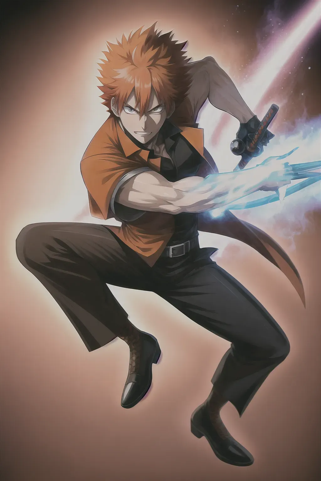 Ichigo Kurosaki, anime, short orange hair, in Shihakusho, male, 8k wallpaper, best quality, ultra hd, global lighting, hi-resolution, high quality, fighting stance, with zangetsu zanpakuto