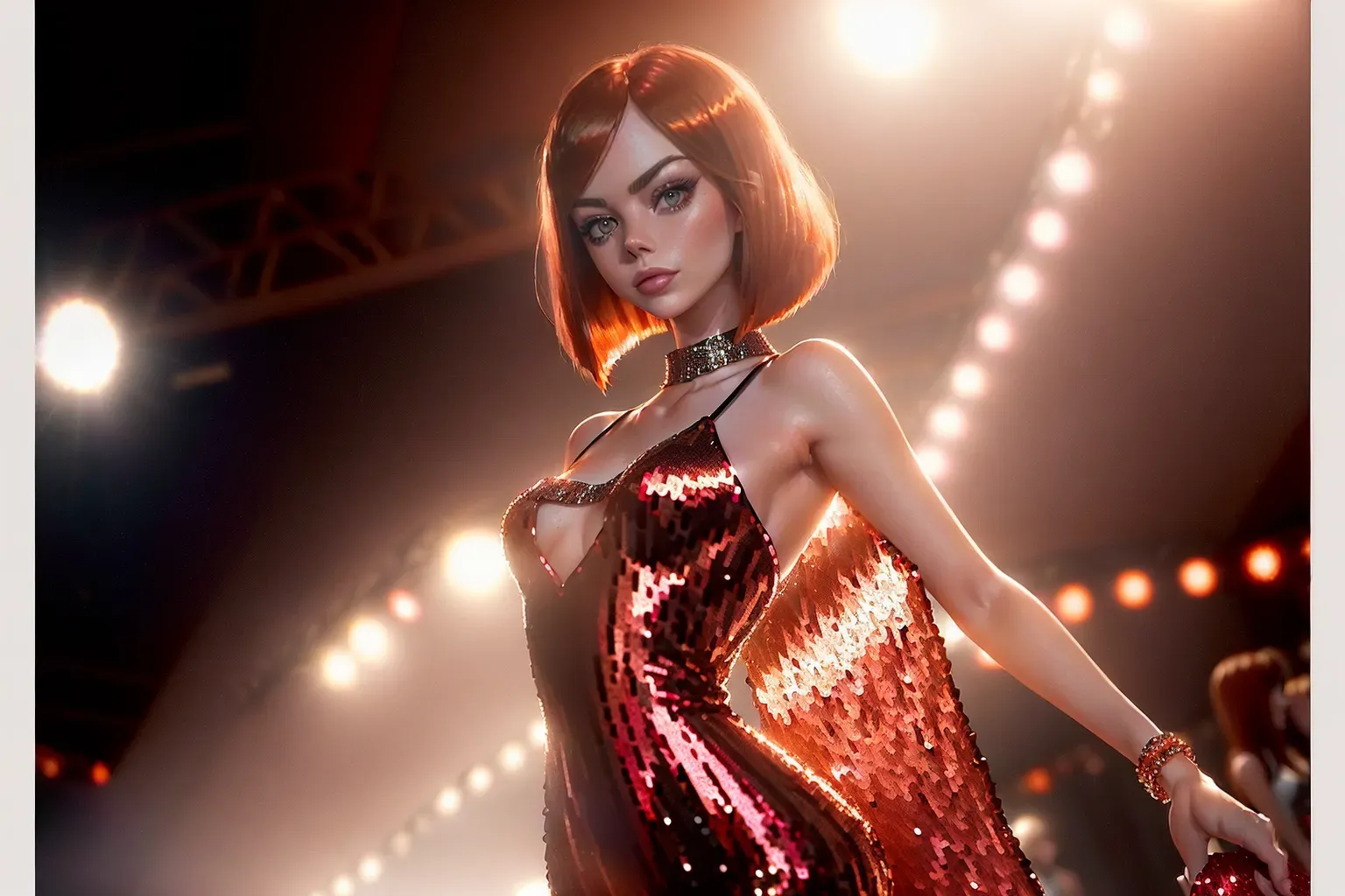 Realistic Photograph, (wide shot), (((Emma Stone)))(((accurate face))),(((as a runway fashion model)))(((wearing a ruby sequin tube dress)))(((EXTREMELY slender petite body))), five slender fingers, ((((detailed female anatomical features)))),((long blunt Dutch Bob cut hairstyle) (straight hair)(sleek)) beautiful face, beautiful lips, detailed large eyes, curved eyebrows, cgsociety, cinematic lighting, studio lighting, professional, editorial,
