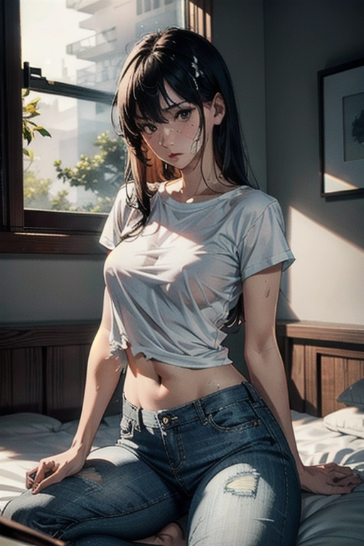 establishing shot, loose white t-shirt and hot pants jeans, skinny, 25yo, eurasian woman, (hyper-realistic face:1.3), 32k uhd --ar 9:16 --stylize 750 --v 6, realistic,((((solo)))), nudity, long straight black hair, (small breasts:1), breasts focus, wet skin, lips, perfect-hard-nipples, solo_focus, eye-contact, lifted white t-shirt, uncensored, ((torn white t-shirt)), ((cum on body:1.2)),
background bed room, sweaty, (((exhausted))),uncensored,
<lora:dpmg_add_detail:0.5>, (best quality),
beautiful, (((masterpiece))),(high resolution), (uhd), (8k)
