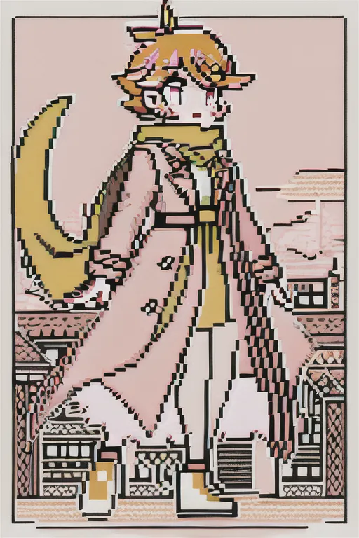 (best quality), detailed landscape,<lora:pixel_art:0.7>((pixelart)),1person gender neutral, androgynous , orange colored hair , medium length messy mullet hairstyle with pink sweatband , fairy pokemon trainer , pink long striped coat with yellow inner shirt , pink starry eyes star shaped eyes , very excited expression, black and white scarf around neck, detective pink trench coat on, background in ruined rundown city ((masterpiece)) <lora:manga_lineart:1>, ((masterpiece)),