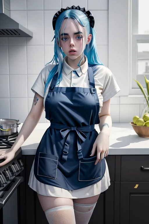 8k, digital photo of, Billie Eilish, sexy pose, wearing apron exposes both breasts, nipples exposed milk spray from nipples