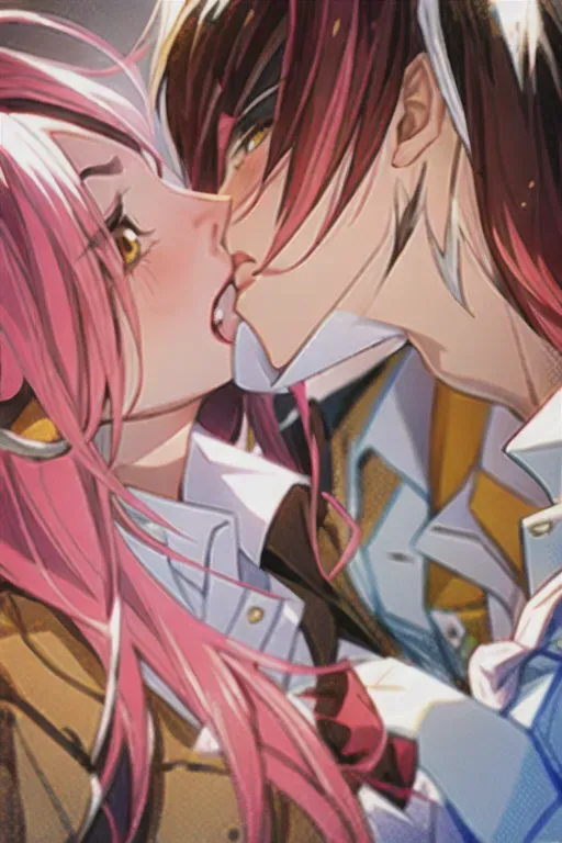 sam yang,boy and catgirl kissing , blushing , mouth to mouth, 1 boy, brown colored hair on boy ,spikey styled haired boy, male wearing yellow airbender clothes, 1catgirl, catgirl posh style , catgirl hairstyle white short bobcut with white cat ears, only cat type ears, pink catlike eyes, catgirl on right dressed in white plain clothing with pink bow, bow, elegent long white gloves, masterpiece, best quality, ((masterpiece)) <lora:dpmg_sam_yang:1>