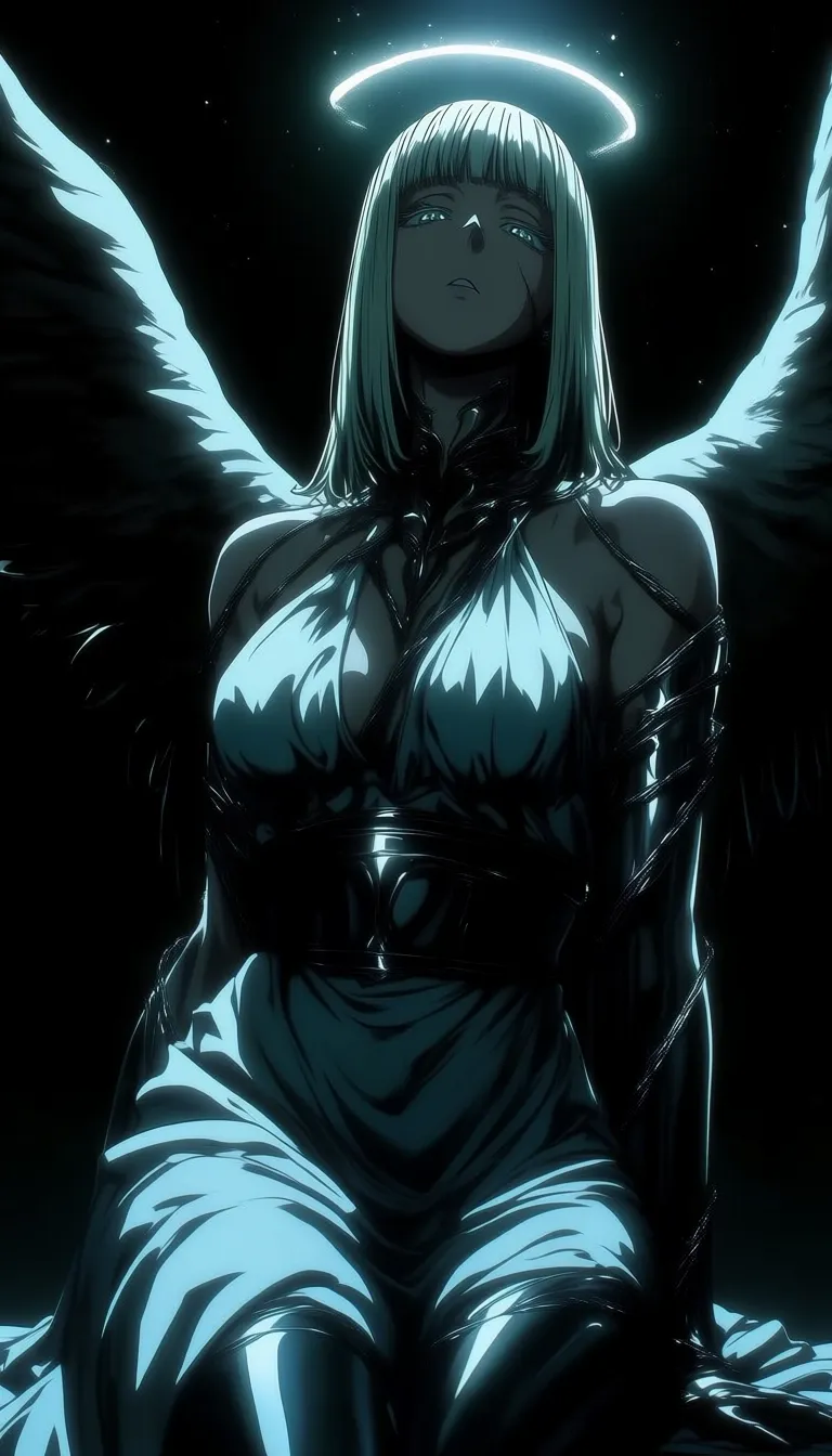 dark_art_style, 1girl, solo, alone, angel, wings, looking at the viewer, white dress, masterpiece, highres