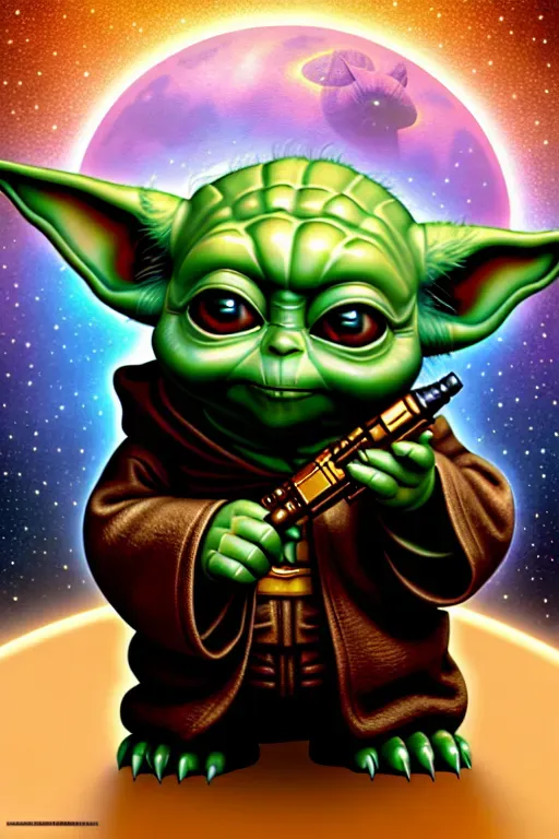 Baby Yoda Mandelorian Star Wars in the Style of Thomas Kinkade