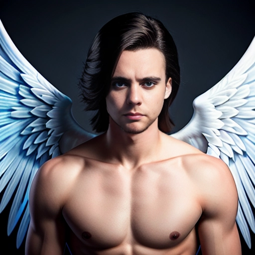 a 8k high detail photo full body shot, Male, Dick ,five slender fingers ,silky hair ,beautiful face ,beautiful lips,blue eyes,curved eyebrows,curved eyelid,pale skin,satisfaction,tattoo,ultra realistic,smooth,8k,studio lighting,surreal, Angel Wings, Angelic Lighting, Love, Hope,