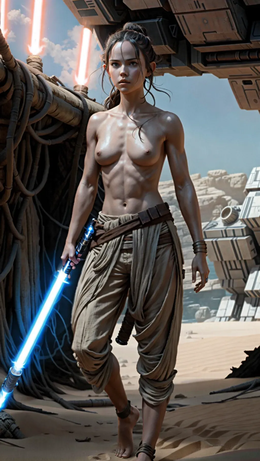 topless barefoot Rey Skywalker wearing her normal warrior pants with toned muscles while holding her lightsaber and exploring wrecked starships on Jakku, barefoot, barefoot, barefoot, topless, topless, topless,