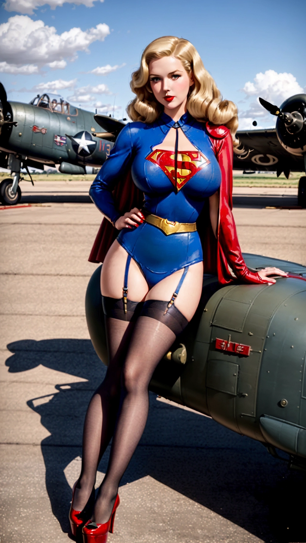 Supergirl, (big tits:1.4), 1940s era Pin up pose, 1940s era pin up outfit, long Legs, standing, thigh gap, legs showcased in photo, (thigh high seamed stockings), WWII B-52 bomber nose art, bleach blonde wavy hair, (1940s era hairstyle), United States Patriotic scene, Red platform high heels, outdoors on a vintage WWII airfield, sexy pose, American flag themed dress, 2 legs,