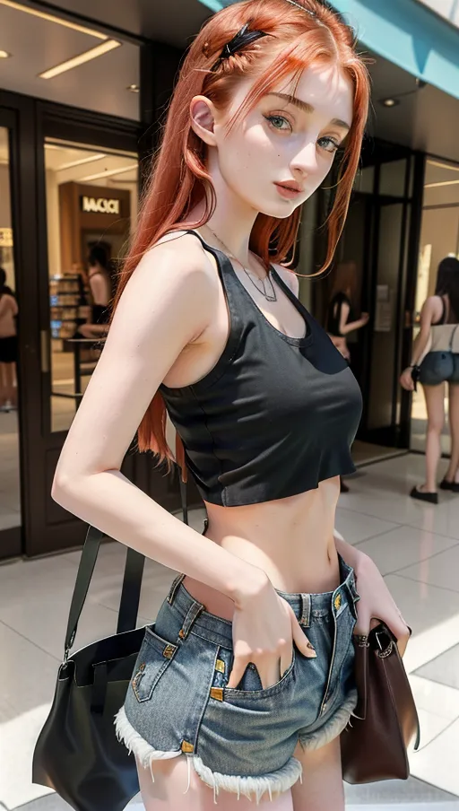 Candid photo of Sophie Turner in tight low-rise short shorts shorts and (loose baggy revealing low side tank top), (((side boobs showing))), , at the mall, (flat chest)