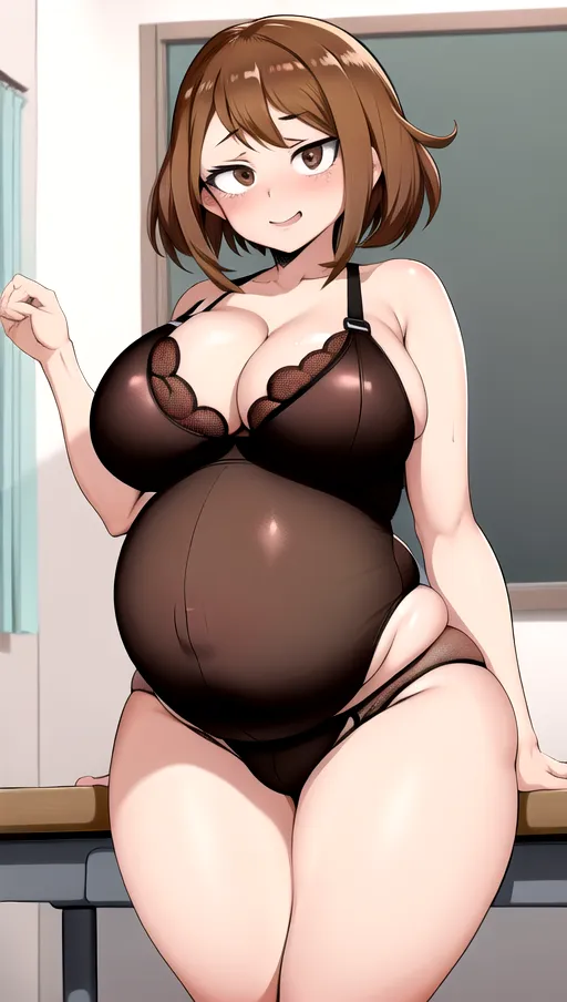 In the art style of my hero academia, 1girl, Ochaco Uraraka, sexy, gigantic saggy breasts, huge breasts, short brown hair, brown eyes, classroom, lingerie, pregnant,