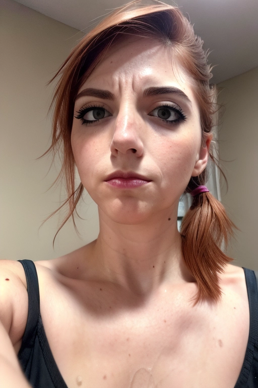 <lora:PN7xrGpnVMg_Caitlin:0.95>, (emo_slut:1.2), (magazine photoshoot), (female, soft features), (small breasts), glistening skin, fair skin, pale skin, (detailed skin texture, goosebumps), (((auburn hair, ponytail hair))), (((emo outfit))), (((ruined makeup, runny makeup))),
(((closeup of her face:1.2))), (((frowning face, disappointed))),
(best quality), <lora:dpmg_add_detail:0.5>, beautiful,(high resolution), (((masterpiece))), (uhd), (8k),