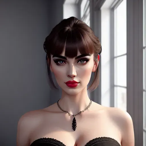 a digital selfie,a beautiful 18 year old girl,wearing dress,amazing breasts,bangs hairstyle,charming face,beautiful lips,black eyes,curved eyebrows,pale skin,satisfaction,wearing necklace,highly detailed,artstation,surreal,ultra realistic,smooth