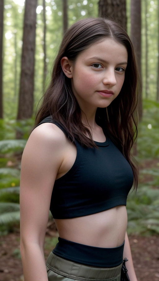 8k, photorealistic, bright ray traced lighting, cinematic, ultra realistic face, long dark hair, sexy black crop top, black cargo pants, an illuminated camping side in the woods, Michelle Trachtenberg, Blue eyes, Looking away from the point of view and the camera, it is night, (dire animals:1.5), happy smile
