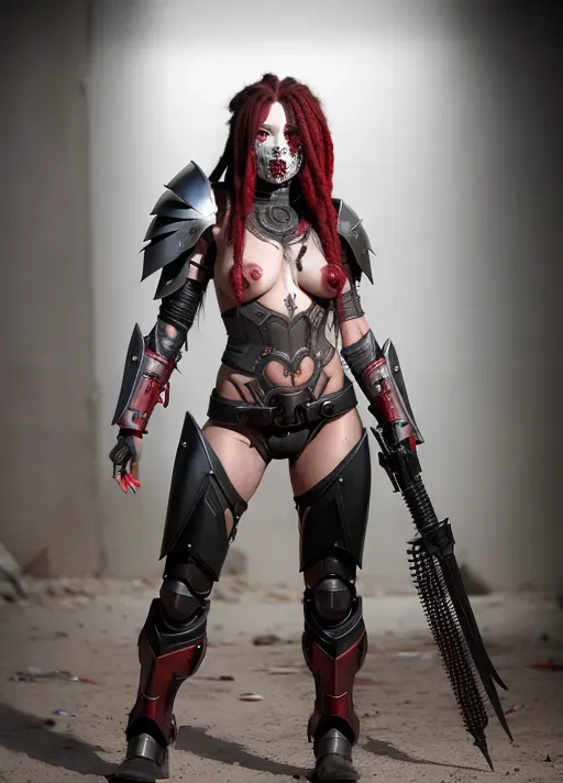 human and robotic hybrid assassin bot, sexy cyborg, dark highly detailed armor with battle scars, blood red hair in dreadlocks, advanced weaponry, zoftig female figure, sexy and deadly, hair exposed, skull jaw mask, inspiring fear and desire, post apocalyptic background, diffused lighting with heavy shadows, full body view from head to feet, nipples and pussy outlines showing on armor.