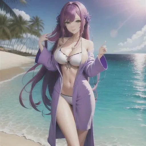 digital art, 25 year old, an anime girl, insanely beautiful, bathrobe, purple, beach, daytime, studio light, happy, 8k, professional