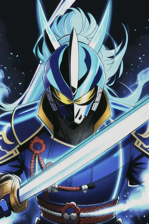 Samurai, full face helmet, blue, yellow accents, with a sword, male, 8k wallpaper, best quality, ultra hd, global lighting, hi-resolution, high quality, highly detailed, lightning in the background,