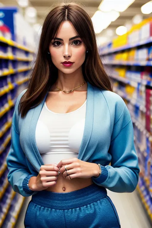 a photorealistic image of a graceful, elegant and happy British 20 year old woman, browsing the aisle of a hardware store, wearing loose light blue tracksuit bottoms, and a very tight blue, short sleevedtshirt that perfectly outlines her large natural breasts,five slender fingers,beautiful face,beautiful red lips,brown straight hair to her shoulders, curved eyebrows,smooth skin,erotic,wearing golden ring,cinematic lighting,sharp focus,cgsociety,ultra realistic,editorial