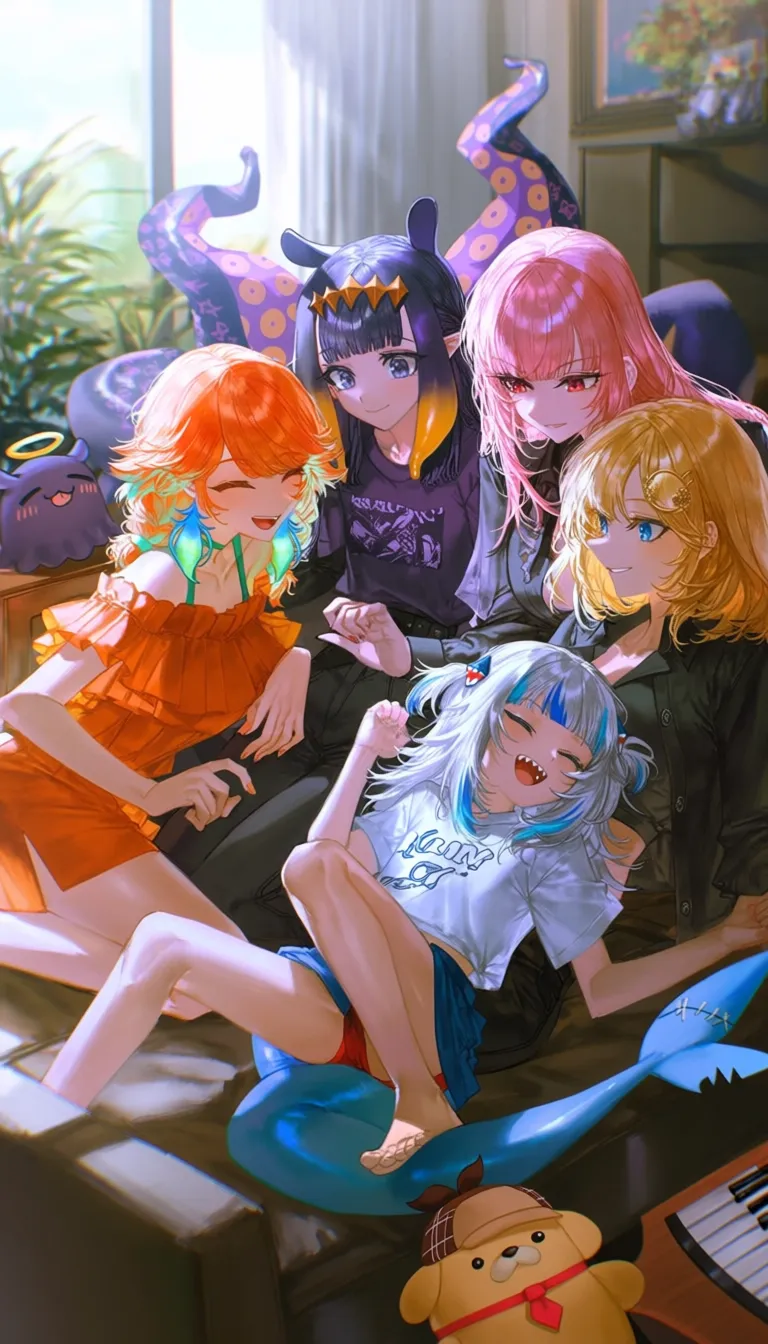 masterpiece, best quality, good quality. @quasarcake, A cozy indoor scene featuring five Hololive girls relaxing on a sofa. Watson Amelia has blonde hair and blue eyes, wearing a black shirt and pants. Gawr Gura sports blue hair and shark fins, dressed in a white shirt. Mori Calliope has pink hair and red eyes, smiling in a black outfit. Ninomae Ina'nis displays purple hair and eyes, wearing a purple shirt with tentacles. Takanashi Kiara has orange hair and closed eyes, smiling in an orange outfit. A cute dog and a stuffed toy are nearby. The girls are sitting, lying, or interacting with each other, some with closed eyes, smiling, or playing instruments. The room is softly lit with plants and musical instruments, creating a warm and inviting atmosphere. The image is of high quality, with detailed features and natural lighting.