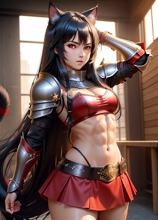 best quality, high details, flat chest, toned body, sixpack, black hair, long hair, red eyes, neko, cat ears, wide shot, full body visible, warrior, armor, heavy armor, red skirt