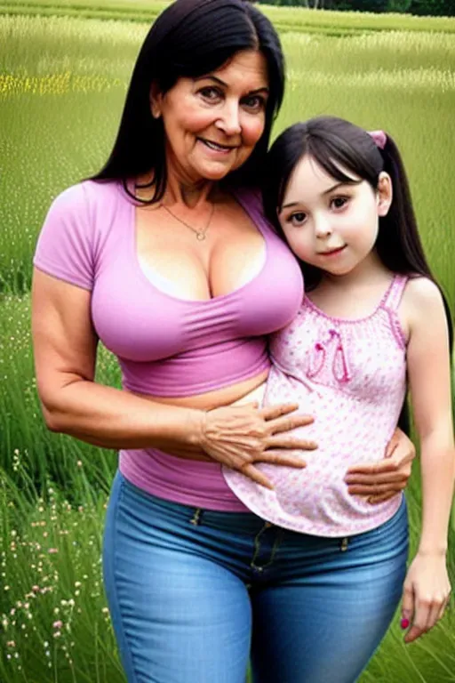 Cute mom with wide hips with cute young daughter