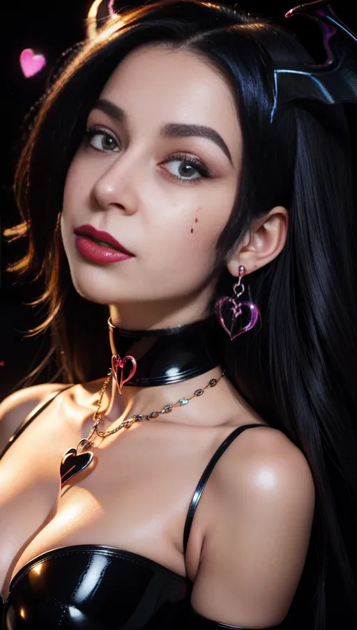 best quality, (((ultra high res))), (detailed face and eyes), hearts, perfect face, big choker, earrings, jewelry, glowing heart, heart necklace, ((black hair)), ((((succubus)))), dark background, (((face closeup))), latex