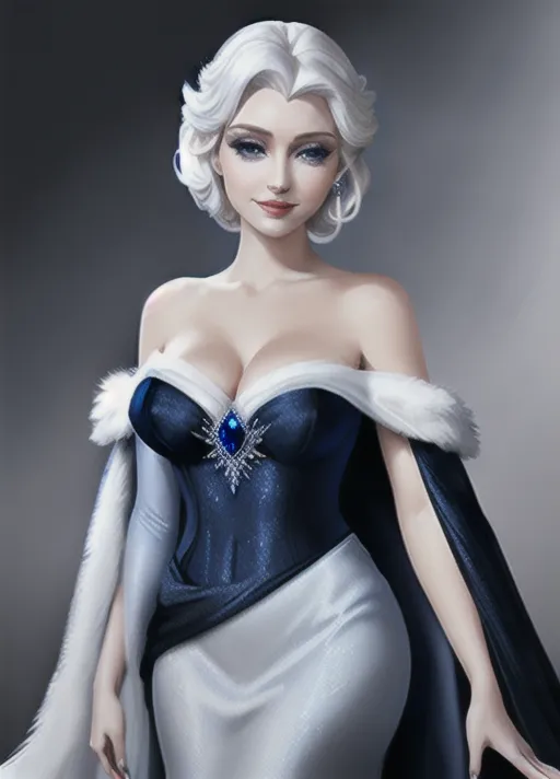 Beautiful glamorous sultry Queen Elsa of Arendelle with her sapphire eyes, warm smile and platinum hair, in a dark blue velvet off the shoulder gown with white fur trim around the shoulders. dark blue light weight silk cape stemming from midway between her shoulders. photorealistic.