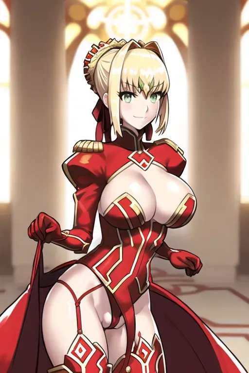 Fate Grand Order, 1girl, Nero Claudius, blond hair, green eyes, boobs, cute, warrior, empress, dpmg_face_cum_v1, high quality, extremely detailed, happy, red and white clothes, in underwear, lingerie