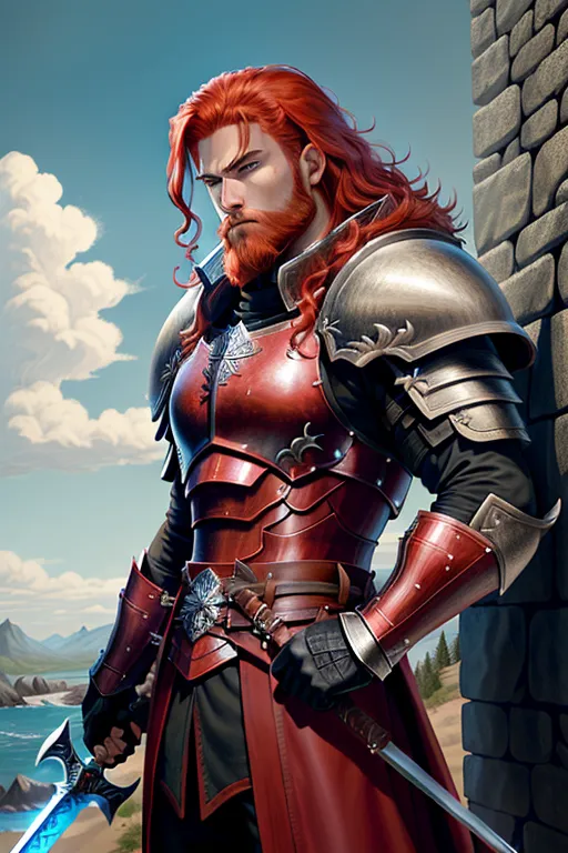 High fantasy, Berserk, a strong, warrior human, Guts, wavy red hair, pale skin, angry eyebrows, handsome blue eyes, small nose, strong cheeks, full beard, strong chin, animal skin coat, black leather armor, huge two-handed greatsword, going into battle, battle field, war in the background, castle and dragon in the far background, high definition, 4k quality, excellent lighting, great shading, pristine detail, very clear picture, vibrant colors, accurate at lower promp guidence, ultra realistic, five fingers per hand.