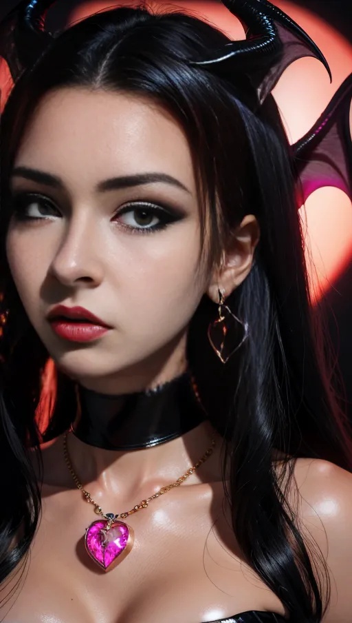 best quality, (((ultra high res))), (detailed face and eyes), hearts, perfect face, big choker, earrings, jewelry, glowing heart, heart necklace, ((black hair)), ((((succubus)))), dark background, (((face closeup))), latex