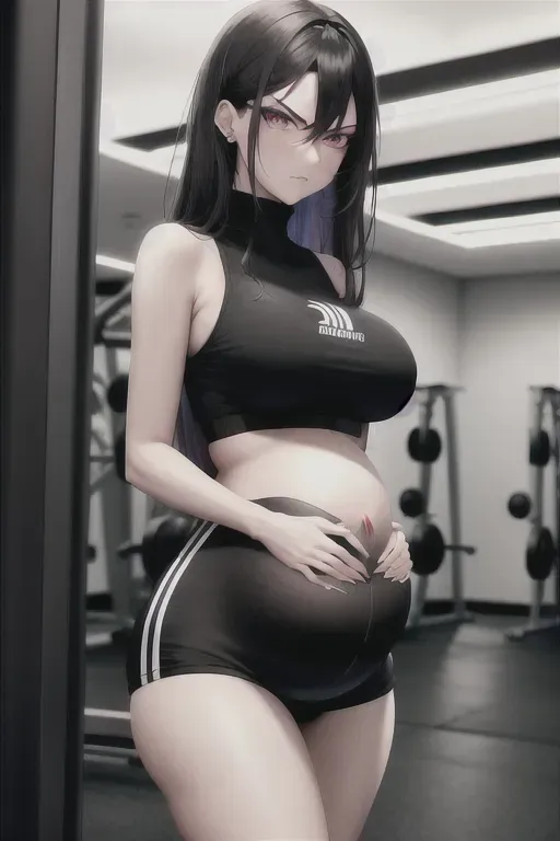 photograph, 20 year old, an e-girl, slim, gym outfit, black, gym, night, indoor lights, angry, 8k, professional, pregnant