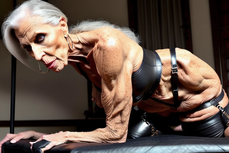 Extremely old skinny anorexic toned very hot granny, naked, bent over, BDSM leather collar, large hoop earrings, long grey hair pulled back tight in high ponytail, tight BDSM leather corset, wrinkly skin with deep lines, massive fake implant boobs, extremely wide hips, large gap between legs, heavy eyle liner, showing huge hanging cunt lips