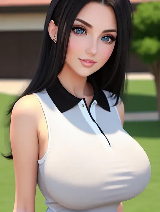 Gorgeous young European woman, photo cute attractive young face, large wide doe eyes, light colored eyes, big bimbo lips, black hair, huge perky tits, tight polo shirt, photorealistic, best quality, ultra high resolution