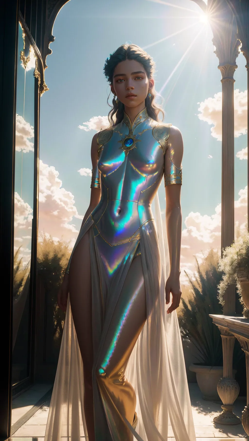 8k, raw photo, masterpiece, full length portrait of an androgynous young woman, intricate artwork by Joaquin Sorolla, soft natural light, 85mm, sunshine on her face, cinematic lighting, lumen reflections, photography, stunning environment, outdoors, iridescent clouds, Hyperrealism, cgi, octane render, raytracing