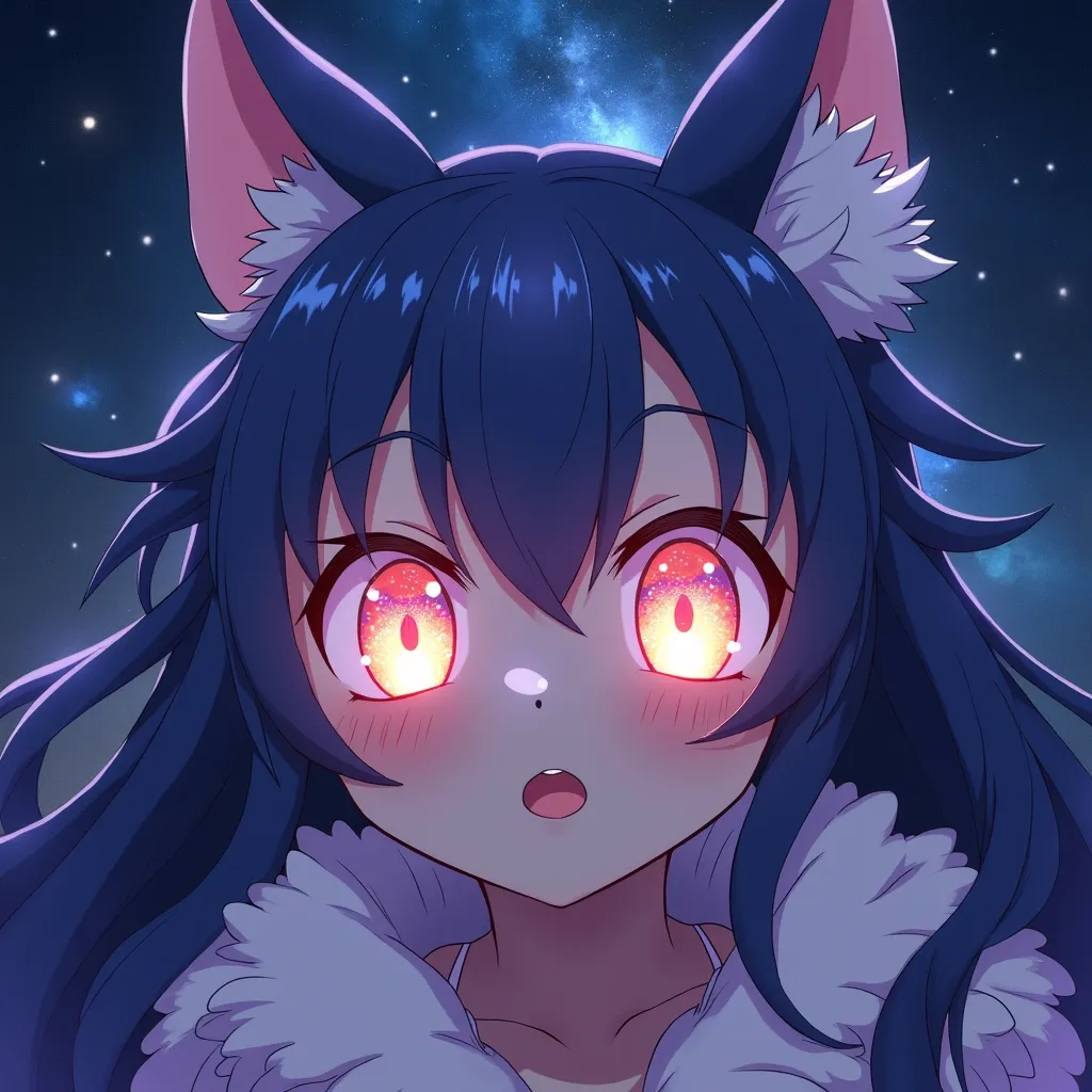 Anime Studio Ghibli, cute cosmic goddess, glowing eyes, universe in eyes, iridescent, hypnotic eyes, ultra-detailed, waist-up, maximalist